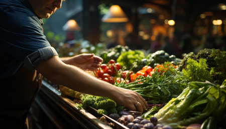 Men and women buying fresh organic vegetables at a supermarket generated by artificial intelligenceの素材