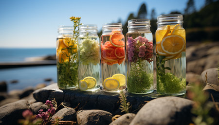 Refreshing summer cocktail with fresh citrus fruit and organic ingredients generated by artificial intelligenceの素材