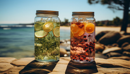 Refreshing summer cocktail on a wooden table, nature thirst quencher generated by artificial intelligenceの素材