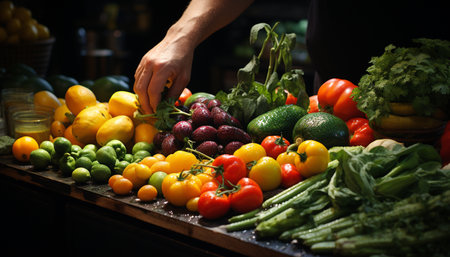Fresh vegetables and fruits for a healthy, vegetarian lifestyle generated by artificial intelligenceの素材