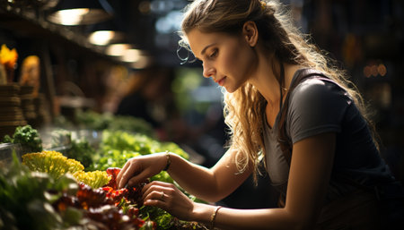 Young woman choosing and planting potted plants in a greenhouse generated by artificial intelligenceの素材