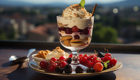 Freshness and sweetness on a wooden table, indulging in gourmet desserts generated by artificial intelligenceの素材