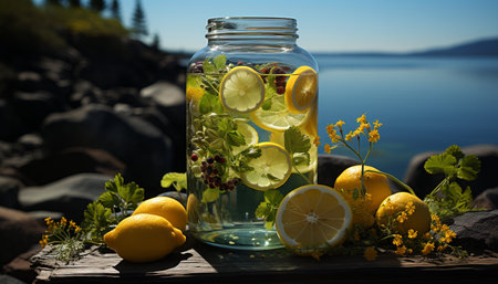 Fresh lemonade on a wooden table, a summer citrus drink generated by artificial intelligenceの素材