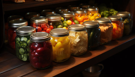 Fresh, organic vegetables marinated in homemade vinegar, a healthy snack generated by artificial intelligenceの素材