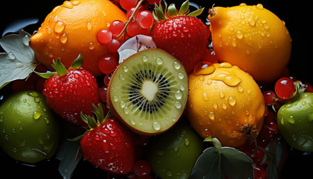 Freshness of nature bounty ripe, organic, vibrant fruits and vegetables generated by artificial intelligenceの素材