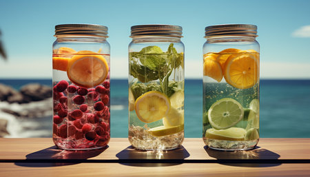 Refreshing summer cocktail with fresh citrus fruit and ice cubes generated by artificial intelligenceの素材