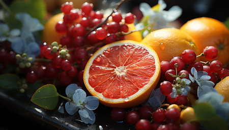 Freshness of nature bounty juicy, ripe, organic fruits on display generated by artificial intelligenceの素材