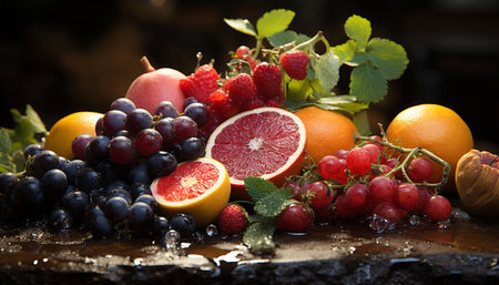 Freshness of nature bounty on a rustic wooden table generated by artificial intelligenceの素材