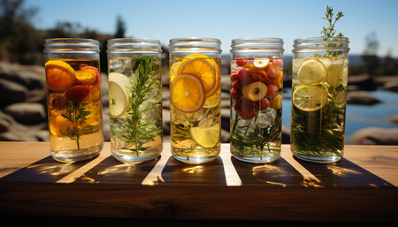 Freshness of summer fruit on table, ice, lemon, and water generated by artificial intelligenceの素材