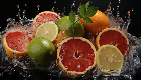 Freshness of citrus fruit, slice of lemon, wet with water generated by artificial intelligenceの素材