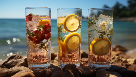 Refreshing summer cocktail with fresh fruit, ice, and citrus flavors generated by artificial intelligenceの素材