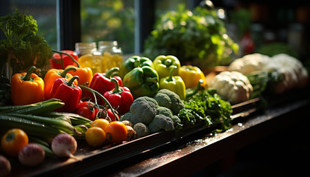 Freshness of organic vegetables, nature healthy variation on the table generated by artificial intelligenceの素材