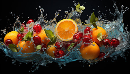 Juicy citrus slice falling, splashing in transparent, refreshing flowing water generated by artificial intelligenceの素材