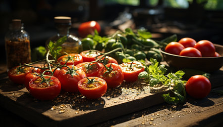Freshness of organic vegetables on a rustic wooden table, healthy eating generated by artificial intelligenceの素材