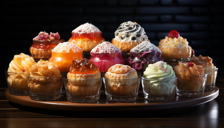 Sweet food, chocolate snack, candy, freshness, sugar, baked icing decoration generated by artificial intelligenceの素材