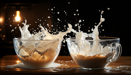 Liquid food splashing in bowl, freshness on dark gourmet wood generated by artificial intelligenceの素材