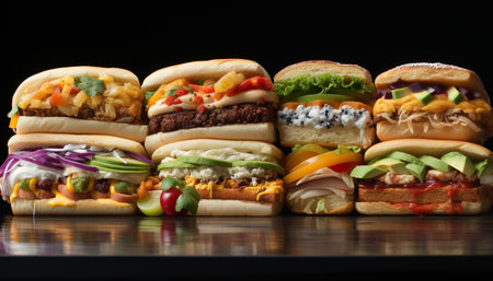 Grilled beef sandwich with melted cheese, tomato, and fresh vegetables generated by artificial intelligenceの素材