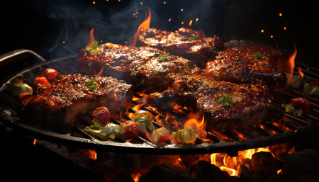 Grilled steak on a hot coal, a perfect summer barbecue generated by artificial intelligenceの素材