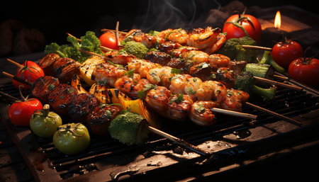 Grilled meat skewers on a barbecue, a summer gourmet feast generated by artificial intelligenceの素材