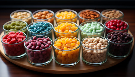 A colorful bowl of sweet fruit candy, a gourmet indulgence generated by artificial intelligenceの素材