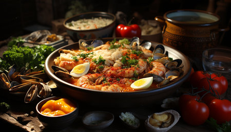 Freshness and gourmet seafood meal prawn, mussel, scampi, cooked with tomato generated by artificial intelligenceの素材