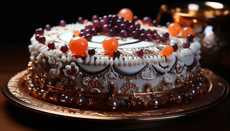 A decadent chocolate cheesecake with fresh fruit and whipped cream generated by artificial intelligenceの素材