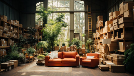 Modern home interior with comfortable sofa, wooden flooring, and plant decoration generated by artificial intelligenceの素材