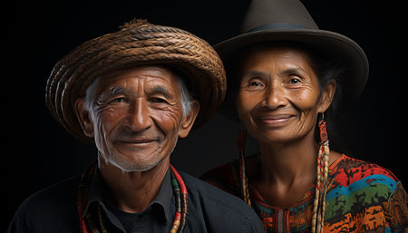 Smiling adults in traditional clothing, looking at camera with happiness generated by artificial intelligenceの素材