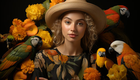 Cute women smiling, looking at camera, surrounded by vibrant nature generated by artificial intelligenceの素材