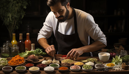 A man cooking healthy food in the kitchen with fresh ingredients generated by artificial intelligenceの素材