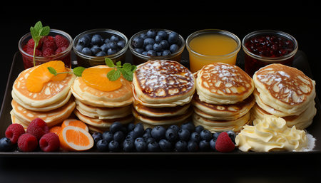 Freshness on a plate stack of homemade berry pancakes generated by artificial intelligenceの素材