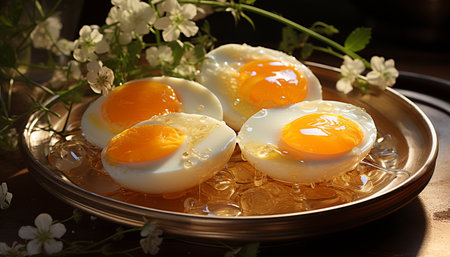 Freshness and nature on a plate, healthy gourmet meal cooked organically generated by artificial intelligenceの素材