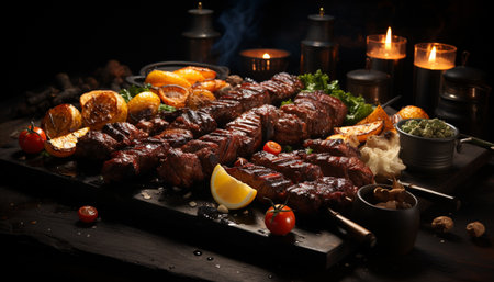 Grilled meat on skewer, barbecue, flame, gourmet, freshness, coal, heat generated by artificial intelligenceの素材