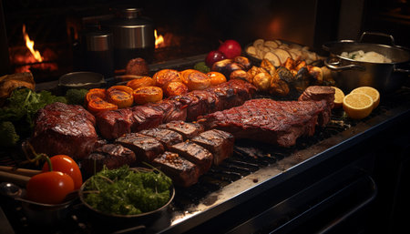 Grilled meat on a plate, ready to eat, with vegetables generated by artificial intelligenceの素材