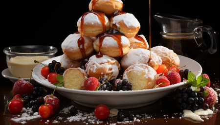 Freshness and sweetness on a plate, indulging in homemade dessert generated by artificial intelligenceの素材