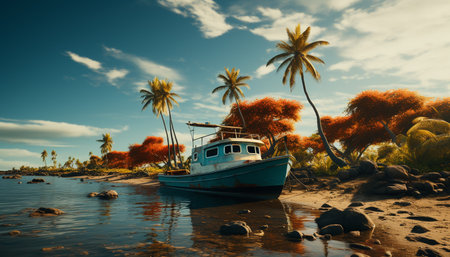 Sailing ship glides on tranquil waters, palm trees frame sunset generated by artificial intelligenceの素材