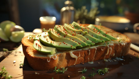 Freshness and gourmet meal on a rustic wooden table, healthy eating generated by artificial intelligenceの素材