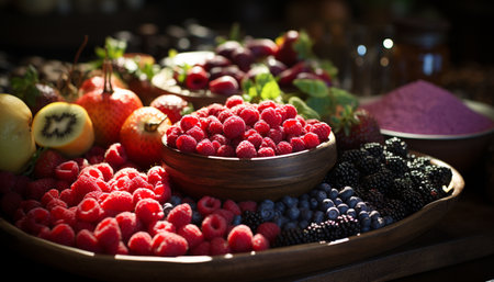 Freshness and abundance of organic berry fruit on a wooden table generated by artificial intelligenceの素材