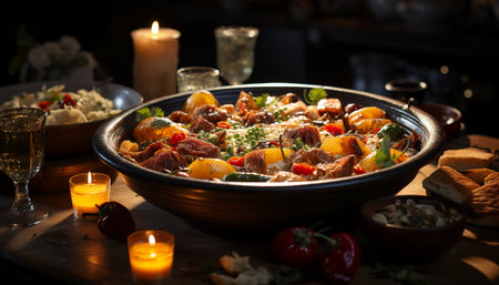 Freshness and heat combine on a rustic table of healthy eating generated by artificial intelligenceの素材