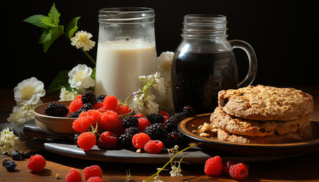 Freshness and sweetness in a homemade berry fruit dessert on wood generated by artificial intelligenceの素材