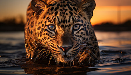 Majestic tiger staring, striped fur reflecting in tranquil wilderness sunset generated by artificial intelligenceの素材