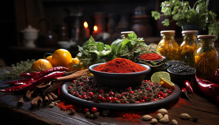 Spice up food with fresh chili pepper, garlic, and paprika generated by artificial intelligenceの素材