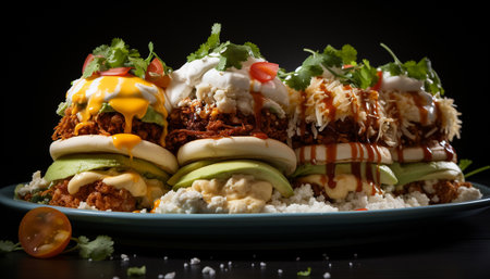 Freshness on plate grilled meat, tomato, vegetable salad, homemade guacamole generated by artificial intelligenceの素材
