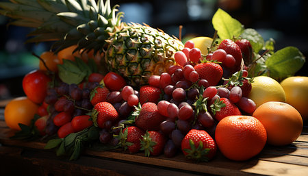 Freshness and abundance of healthy, organic fruit collection on wooden table generated by artificial intelligenceの素材