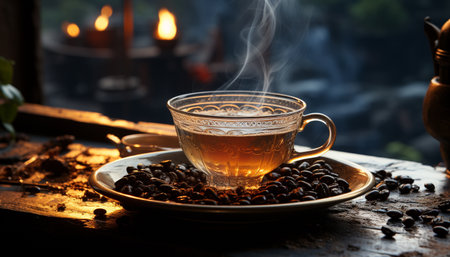 Coffee cup on wooden table, steam rising, creating a cozy atmosphere generated by artificial intelligenceの素材