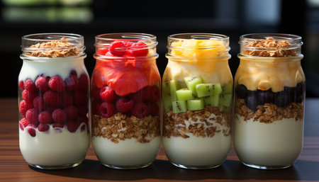 Freshness and sweetness in a gourmet dessert yogurt, fruit, granola generated by artificial intelligenceの素材