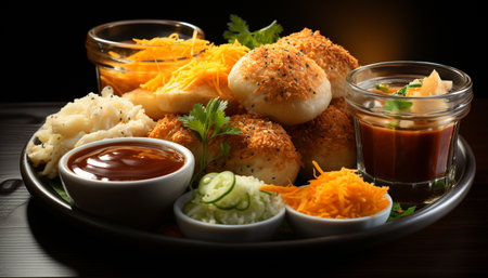 Grilled meat, fresh vegetables, and savory sauce on a plate generated by artificial intelligenceの素材