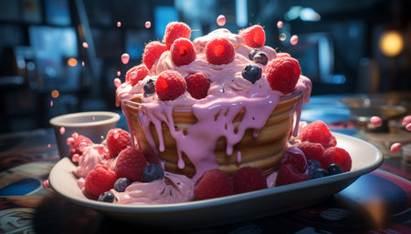 Raspberry dessert, gourmet sweet food, fresh strawberry on wooden table generated by artificial intelligenceの素材