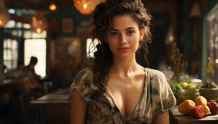 A beautiful young woman with brown hair, sitting confidently indoors generated by artificial intelligenceの素材