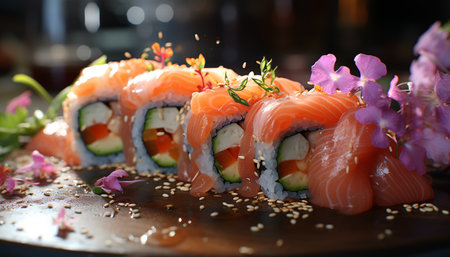 Freshness on plate seafood, sashimi, maki sushi, nigiri, avocado, nori generated by artificial intelligenceの素材